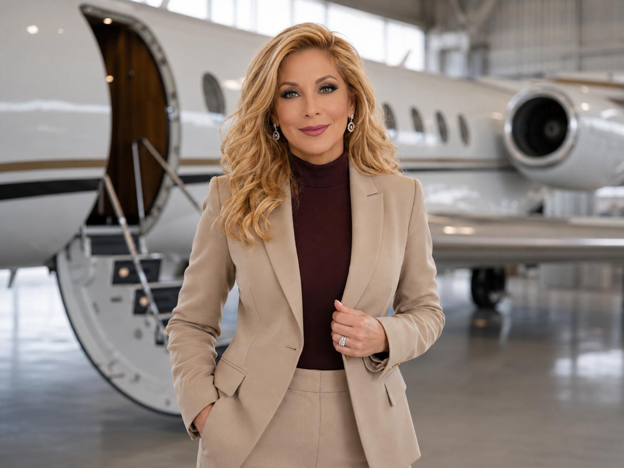 Dra. Maura Olivia Argueta Sánchez frente a un jet ejecutivo